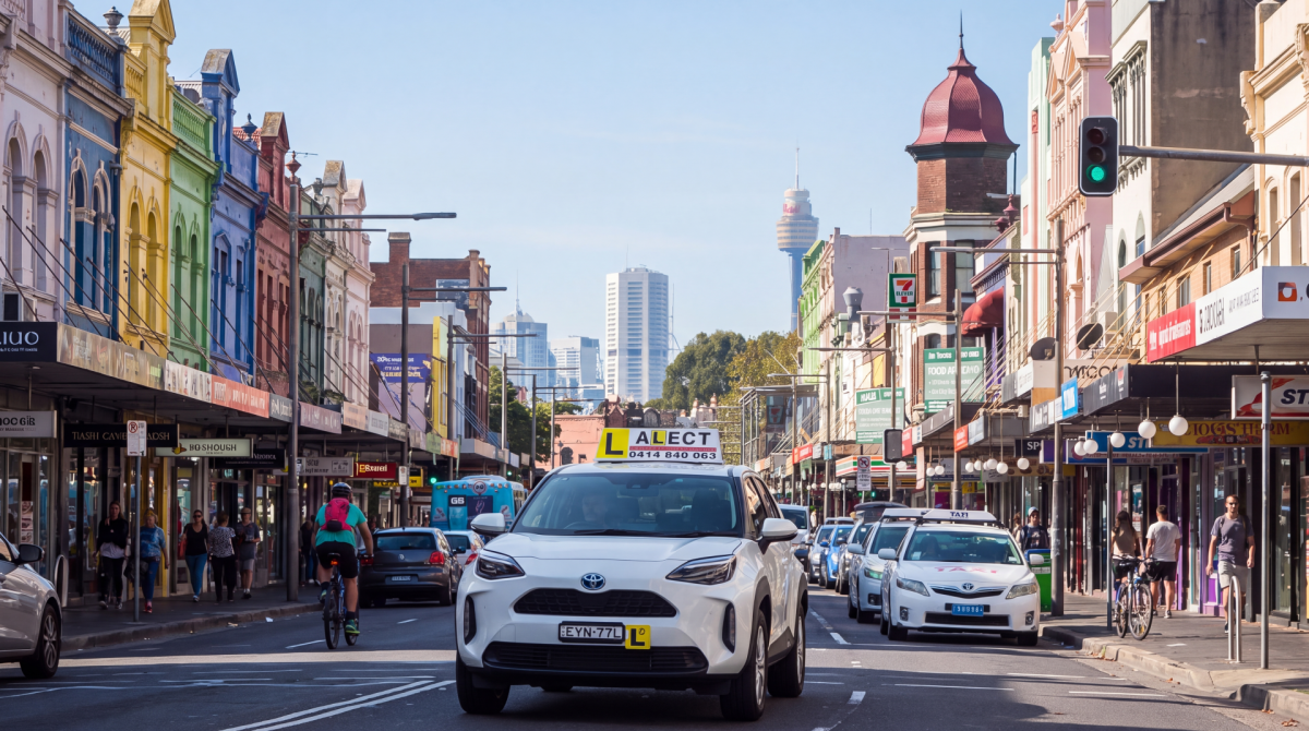 Alect Driving School car on a busy high street during a driving lesson